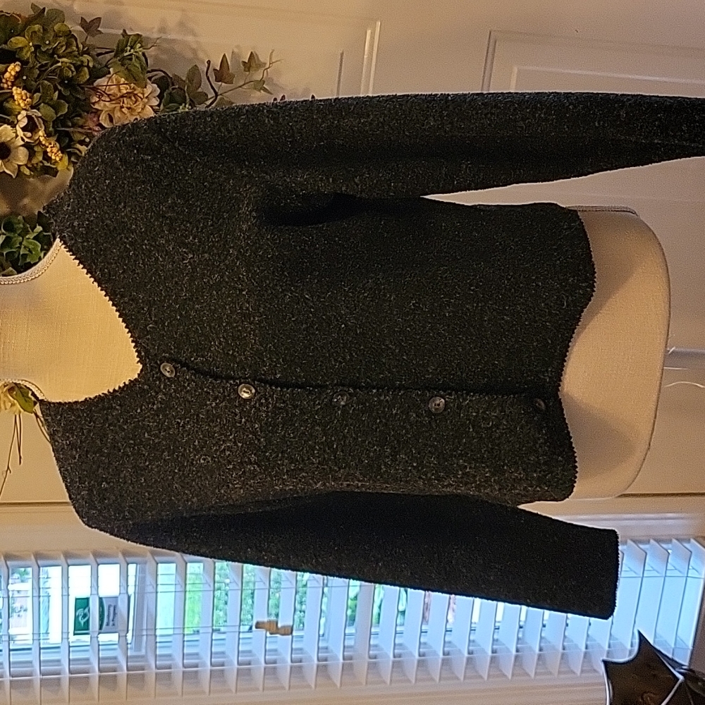 G H Bass & Co black gray mingled cardigan sweater button front fringe sz M EUC …
